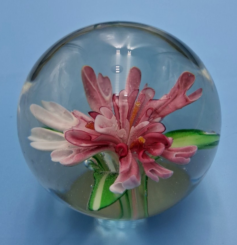 Vtg. Round Glass Floral Paperweight Pink Flower Clear Art Glass 2.75″, 13 oz.