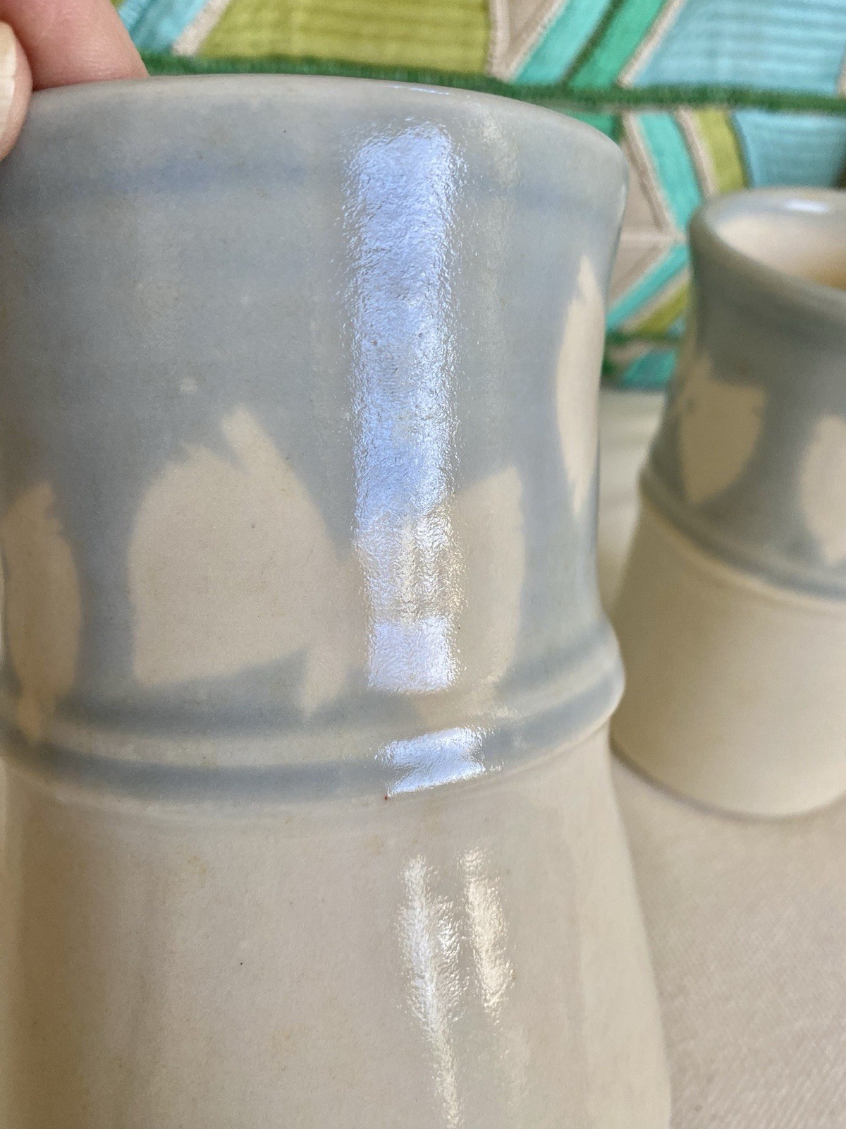 Signed Marguerite Set of 2 Studio Pottery Vases Butterflies Light Blue Tan Cream