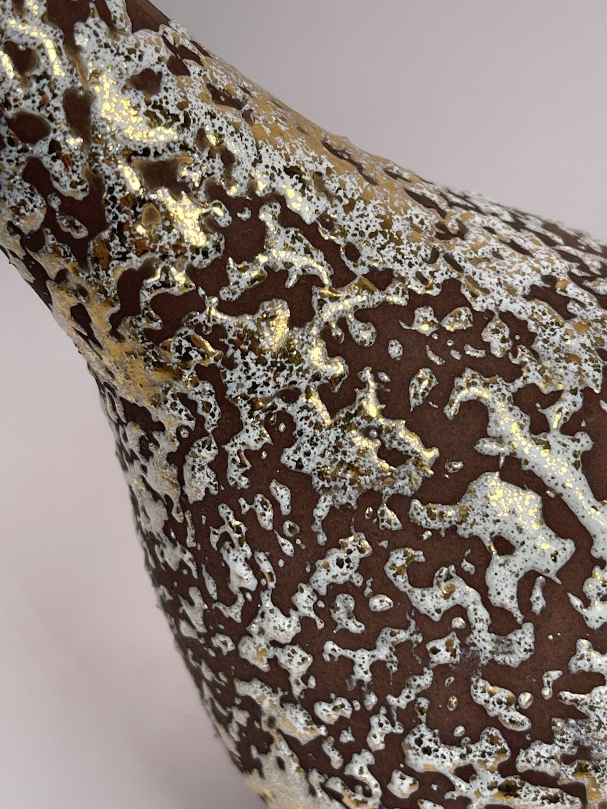 Vtg MCM Art Pottery Bud Vase Brown White Lava Style Splatter Gold Luster 10”