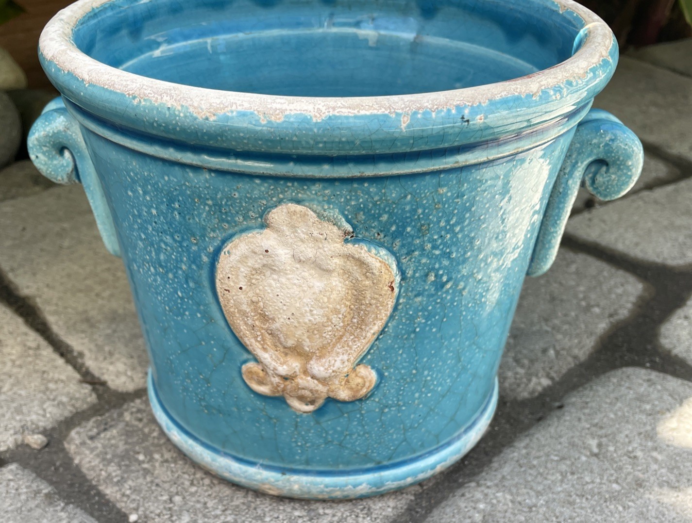 VTG Vietri Pot/ Planter Terracotta Glazed Blue & White Italian Country 1980s GUC