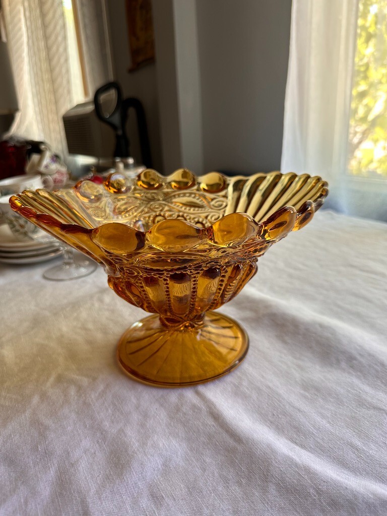 Fenton Eyewinker Pattern for LG Wright AMBER GOLD Footed Candy dish 6″ tall VTG