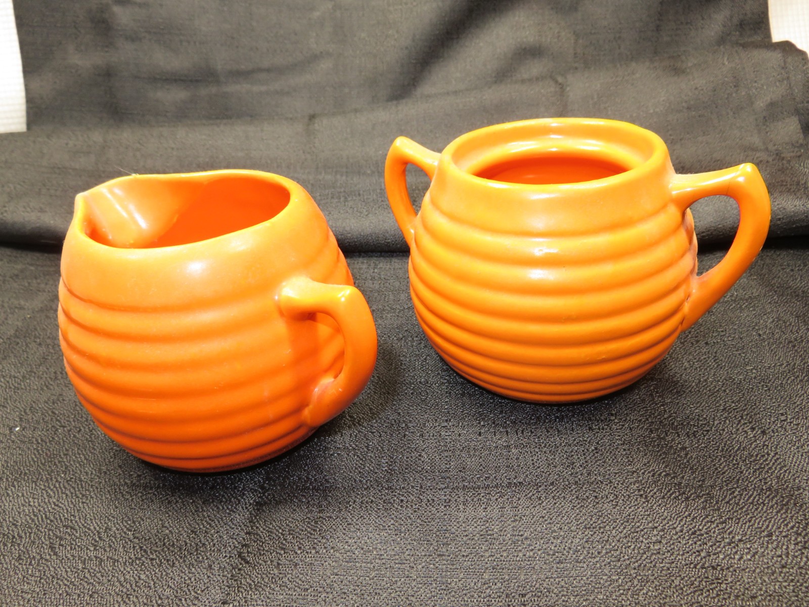 VINTAGE Bauer Pottery Ring Ware Orange Creamer & Sugar Bowl Set