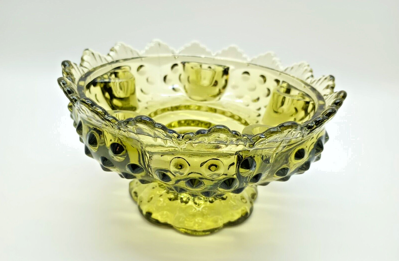 Vtg Fenton Laced-Edge Olive Green Glass Hobnail Centerpiece Candle Holder Bowl