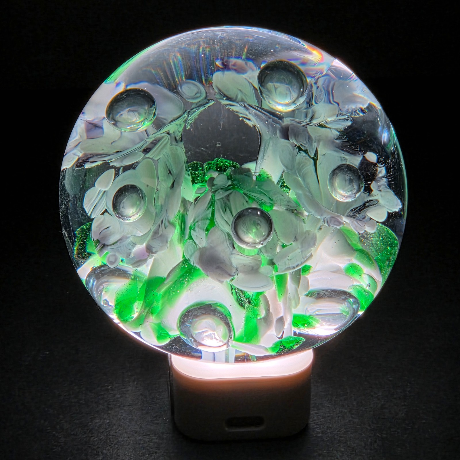 Gibson Glass Studio Floral Paperweight 2001 Green White Controlled Bubble Art