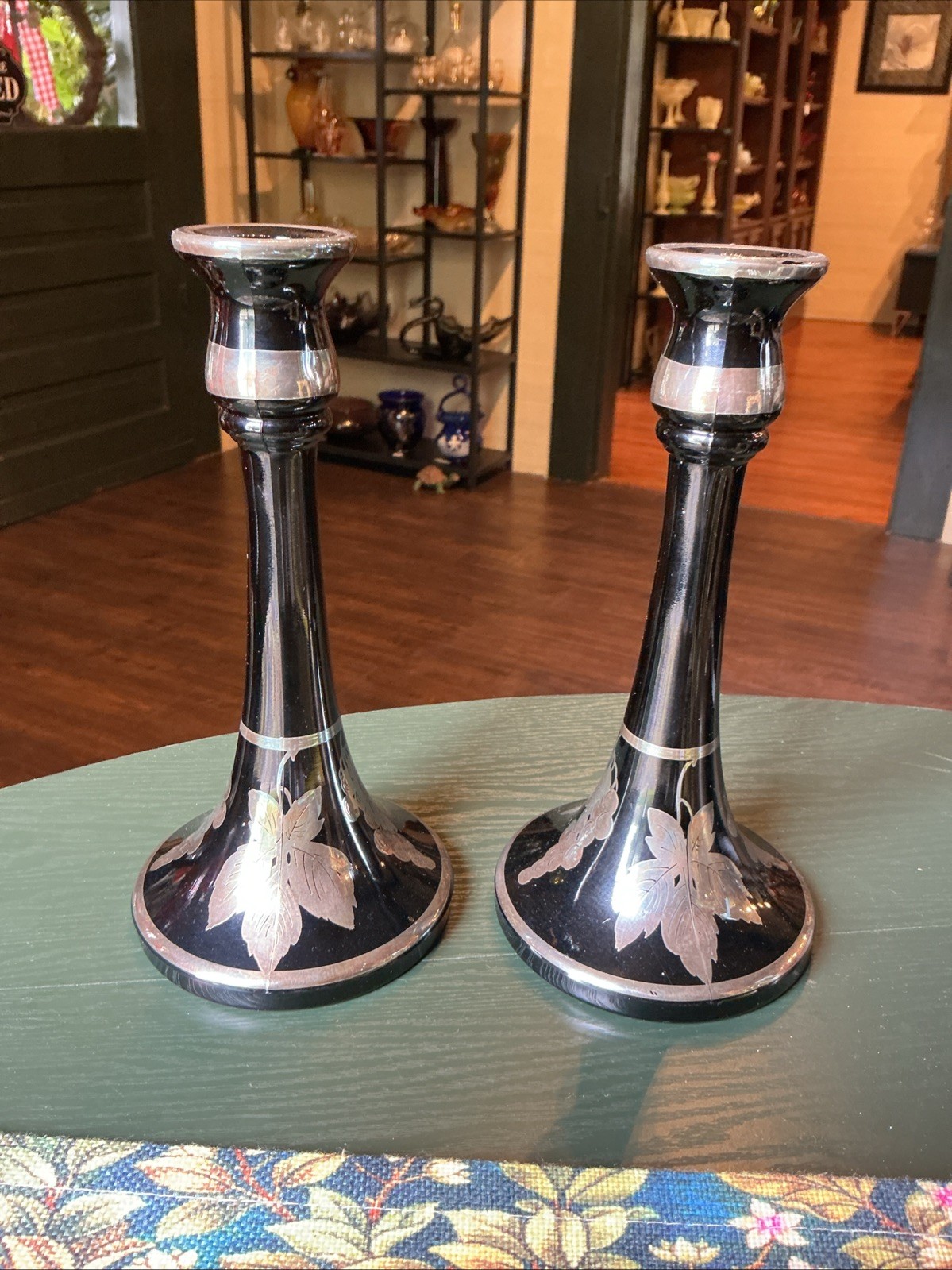 Vintage Art Deco 9” Pair Of Black Glass Candlesticks w/ Silver Overlay Grapes