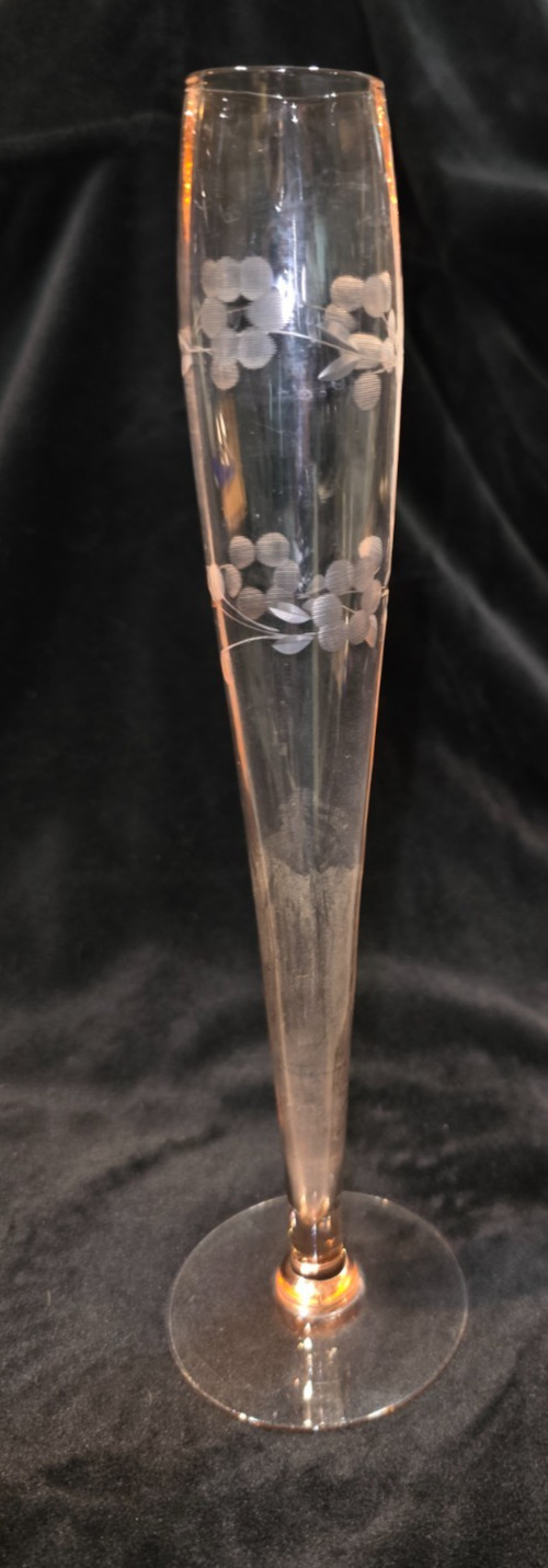 Etched Glass Tall Stemmed Vase or Champagne Flute Amber Stem Floral 10” Vintage