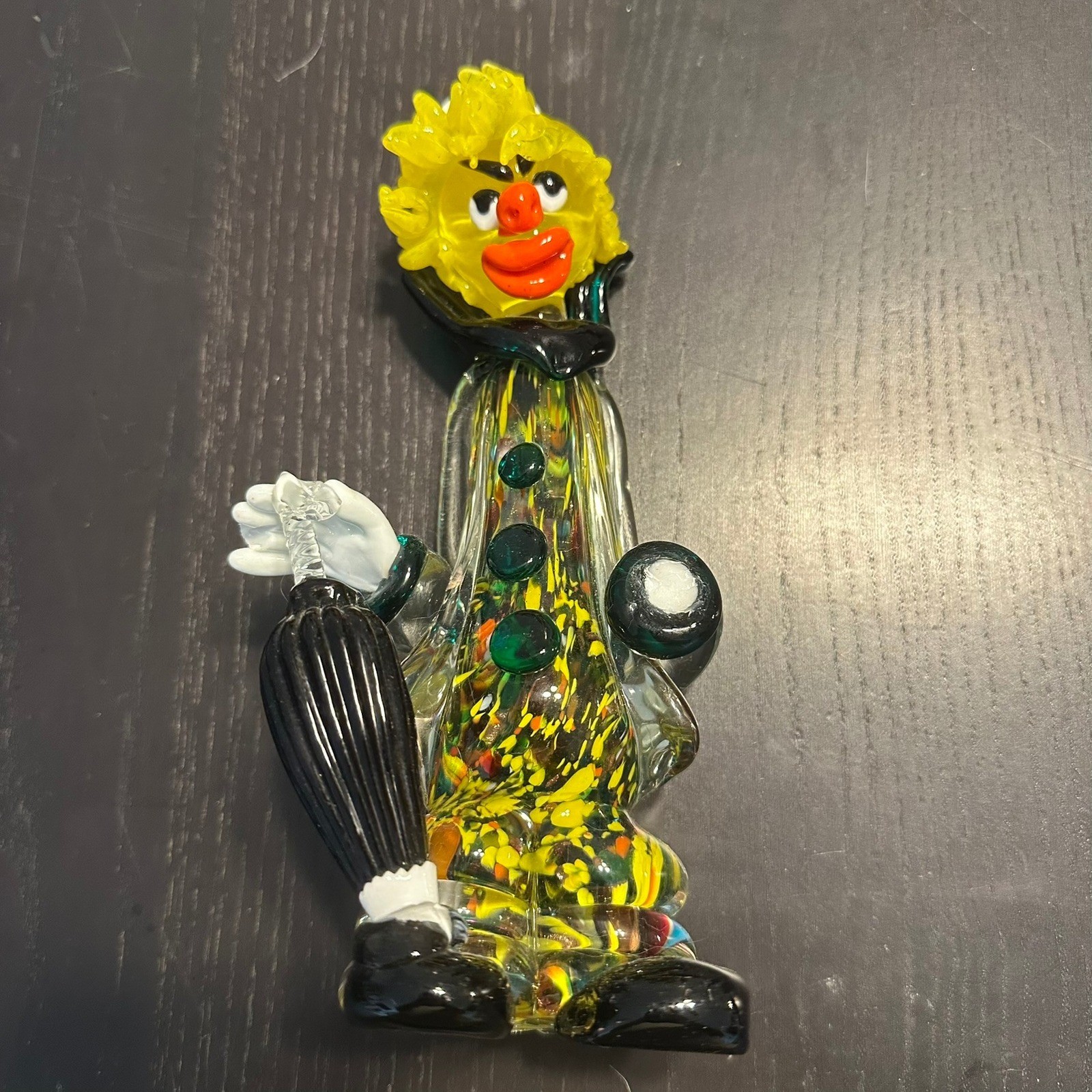 Murano Style Art Glass Clown Figurine with Umbrella Yellow Hair Millefiori 8in