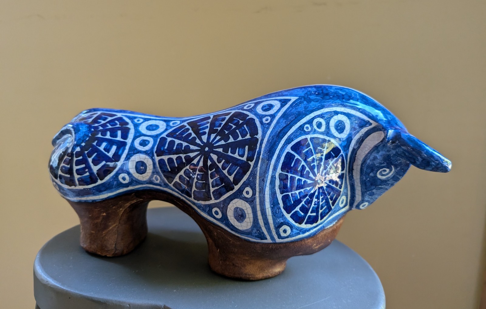 MCM Arcadio Blasco and Carmen Perujo Blue Ceramic Bull Statue Signed, Spain 14″