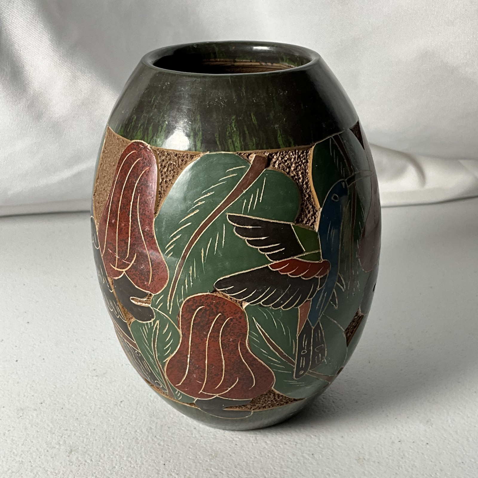 Vintage Hand Carved Painted Pottery Vase Tropical Birds Butterfly Foliage 5″