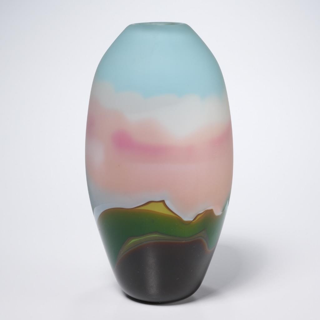 Jim & Connie Grant Pink Sunset Green Hills Cased Studio Art Glass Vase 8.5″h