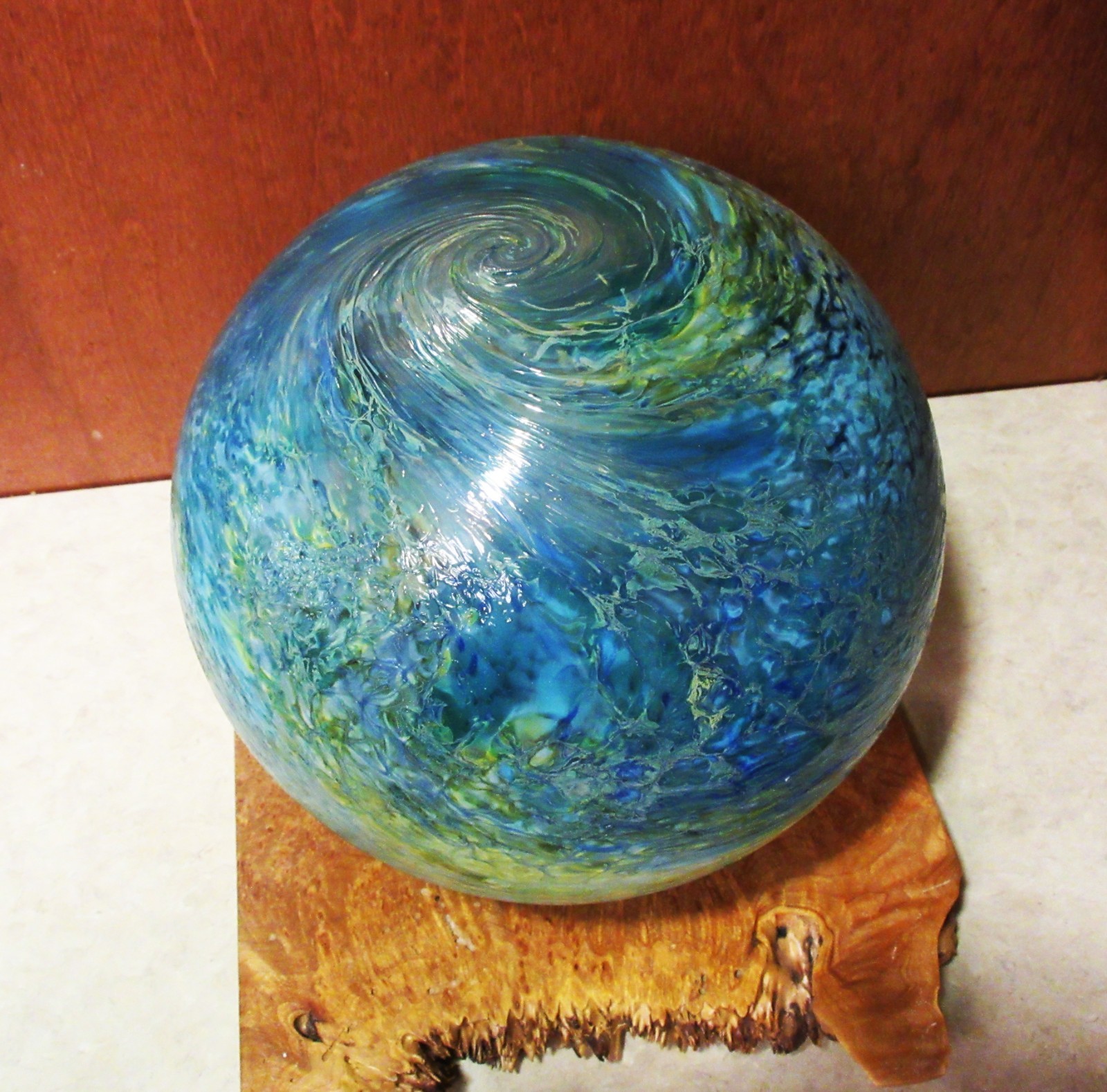 Large Hand Blown Glass Sea Float Blue Swirls 8″ with Wood Stand – Made in Oregon