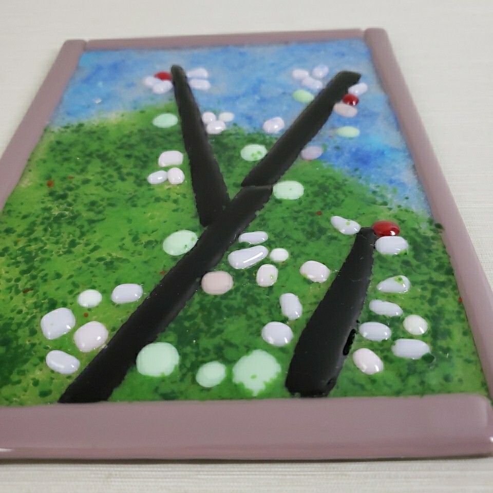 Fused Art Glass Panel Abstract Cherry Tree 6″x8″ Summer Scheme Textured