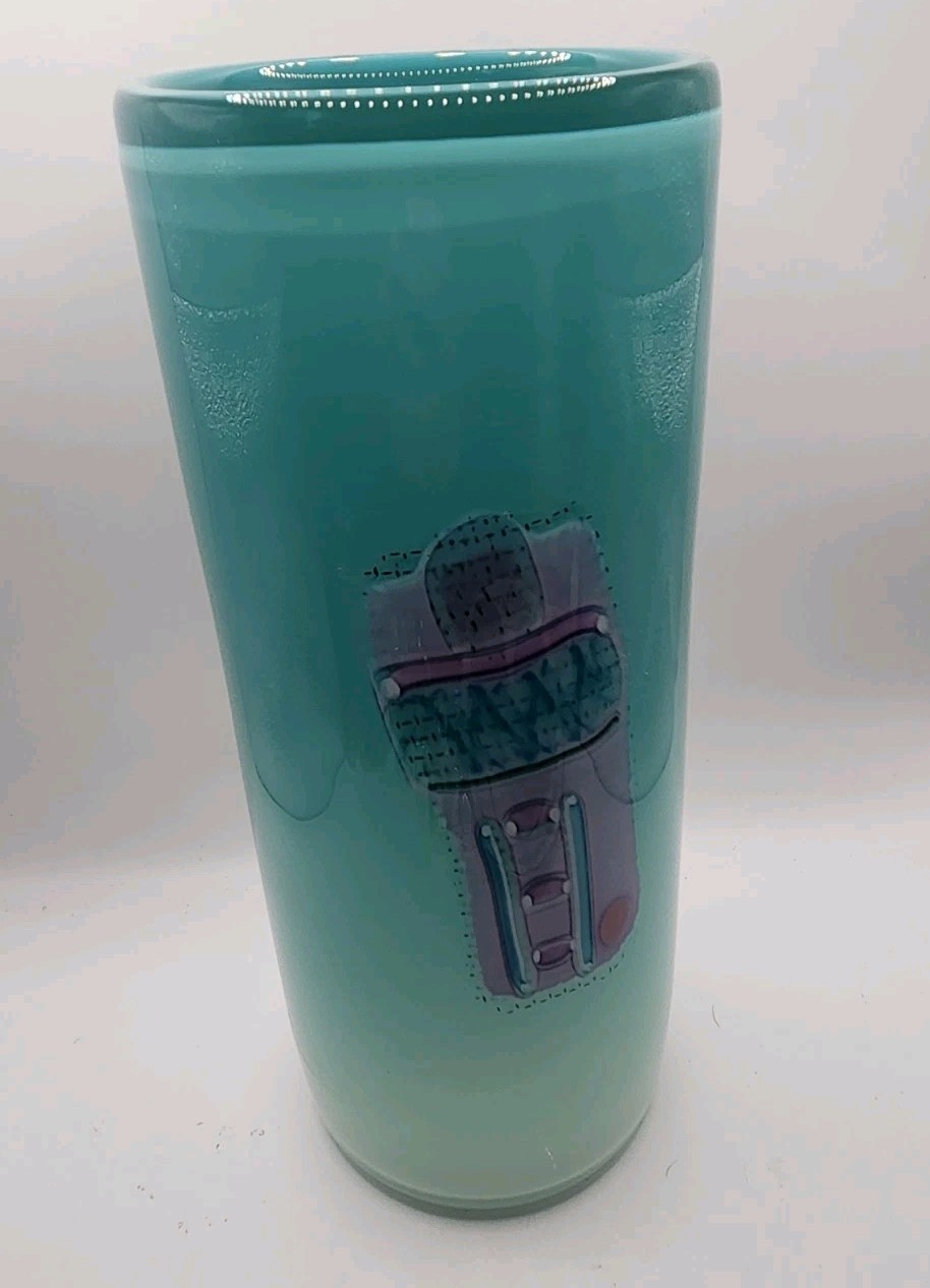 Signed Studio Art Glass Vase Teal Frosted Abstract Geometric Postmodern 10″ 1992