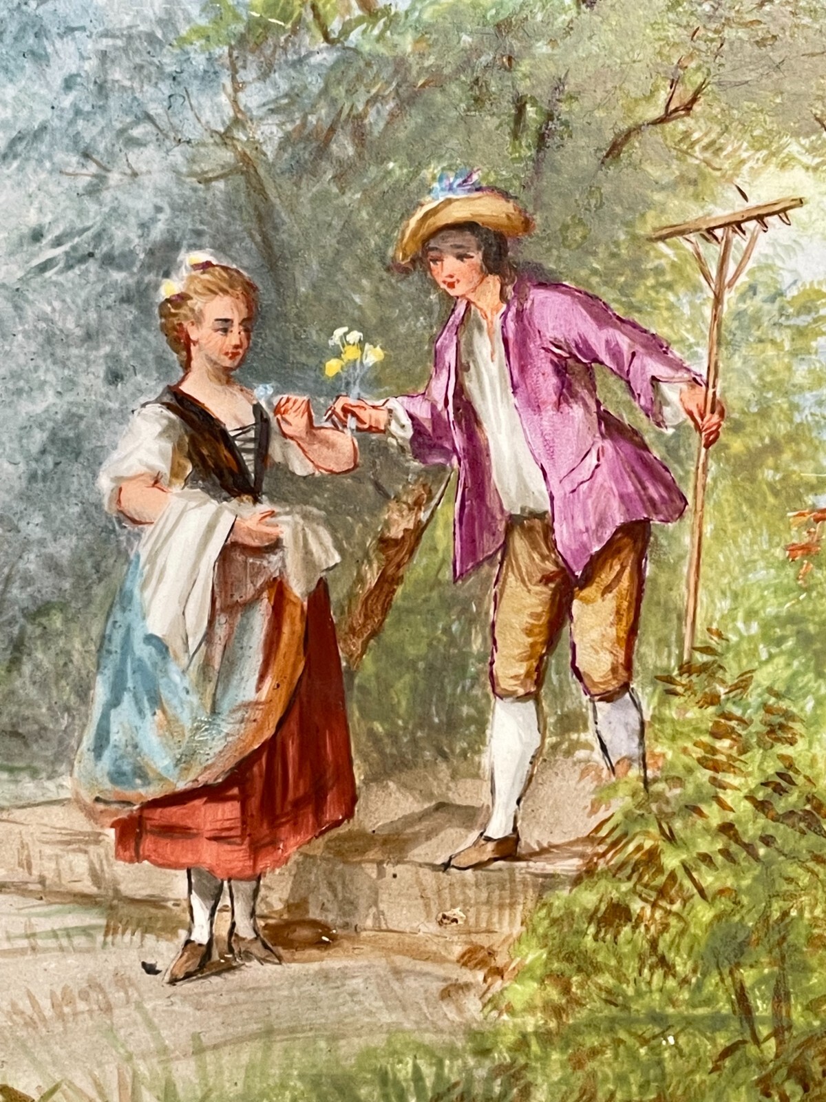 2 Antique hand painted Continental porcelain 8×8 TILE PLAQUE Victorian Romance