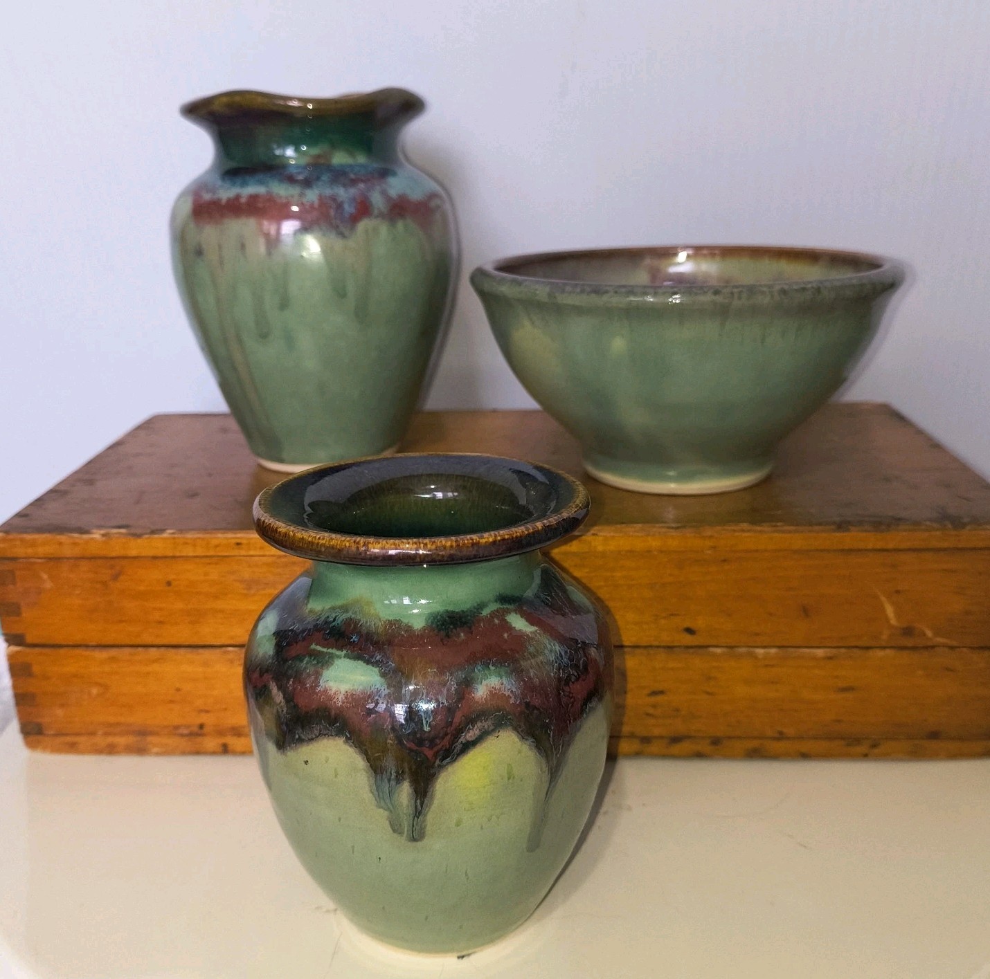 Vintage Studio Art Pottery Vases & Bowl Green & Browns Drip Glaze Set Signed RY