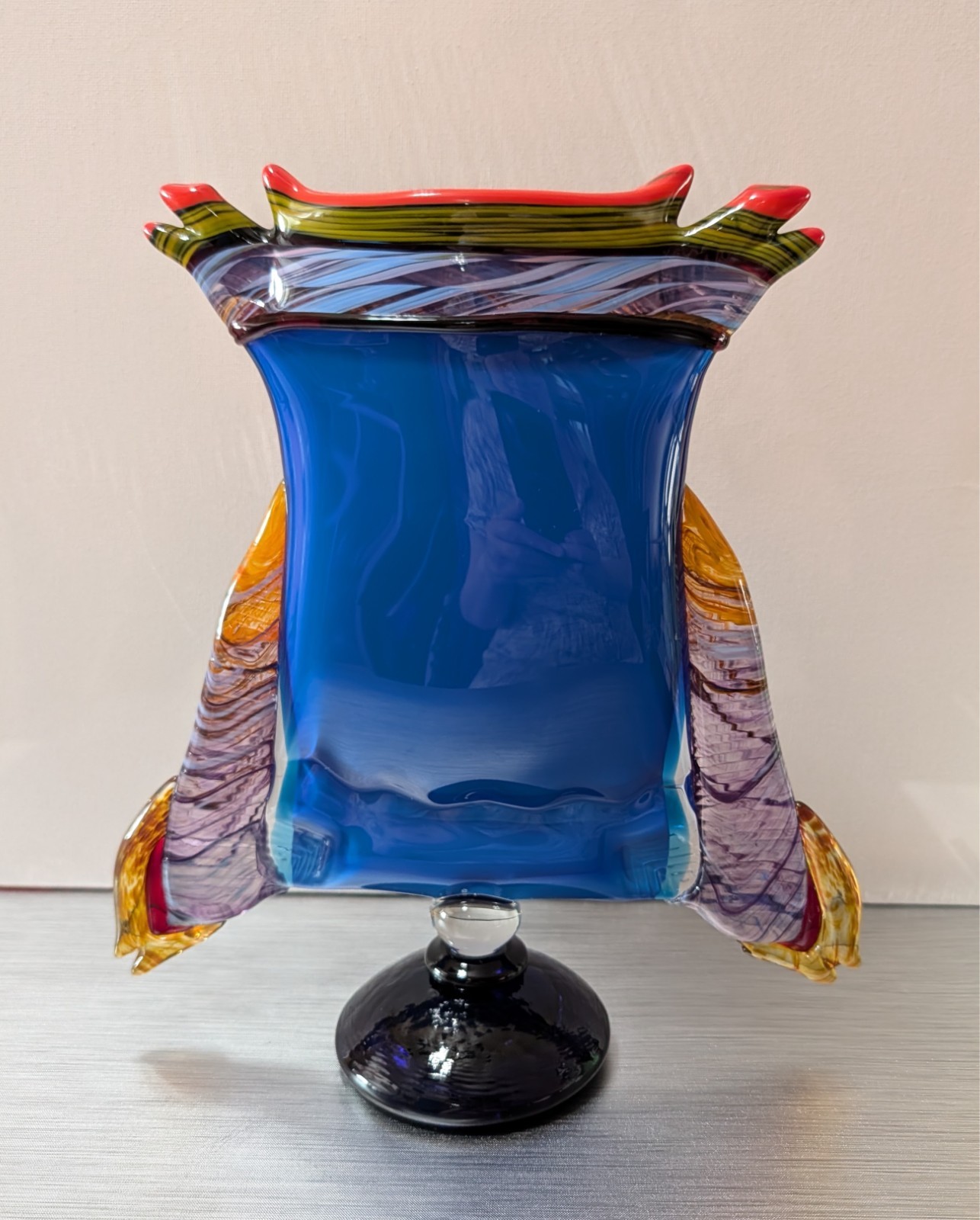 Large Peter Secrest Signed Art Glass Pedestal Vase: 10.25″, Memphis Style, 1997