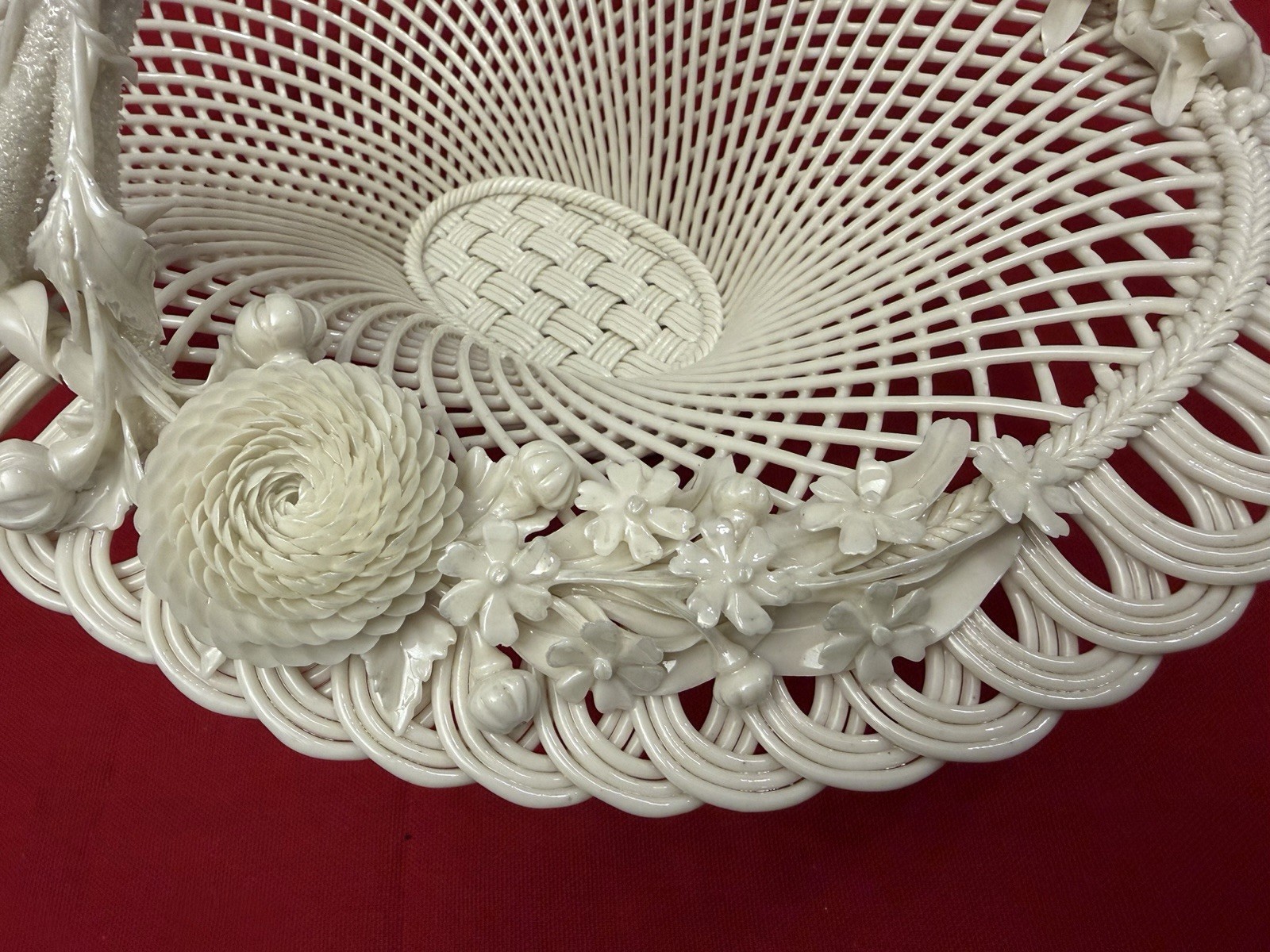 Antique Belleek Henshall 4 Strand Twig Handled Basket w/ Flowers Large Size 13”