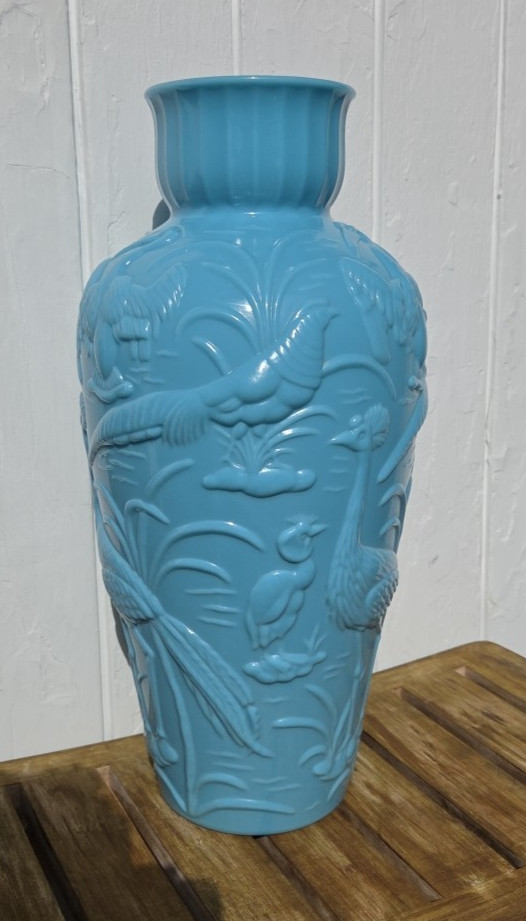 Vintage Gillinder Glass Floor Vase Blue Puffy Peacock Heron Birds Deco 1920 Era
