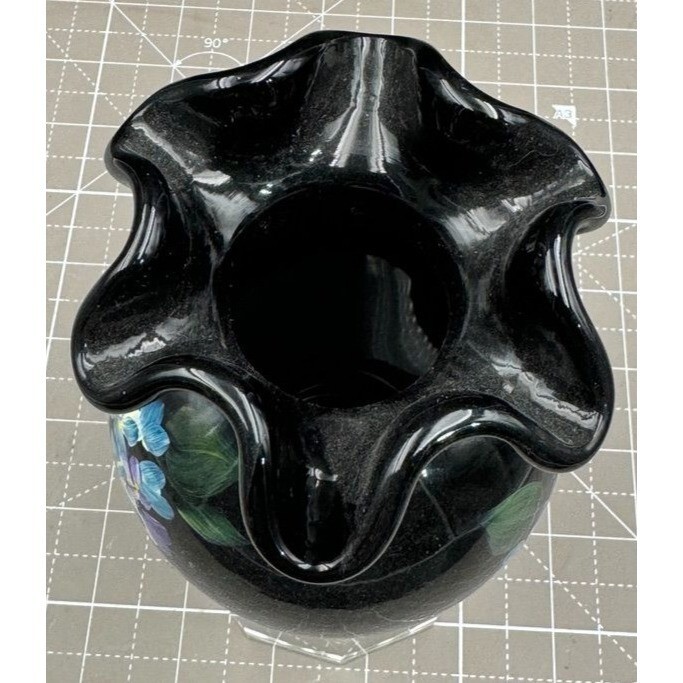 Vintage Fenton Ebony Glass Vase Hand Painted Floral Design J Cutshaw