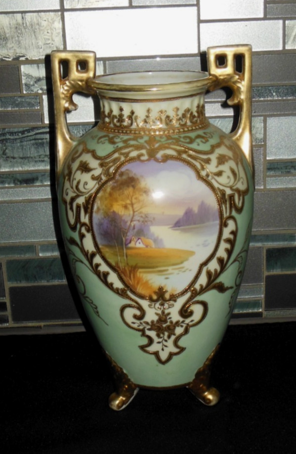 ANTIQUE NIPPON DOUBLE HANDLE LARGE VASE GOLD GILDING PAINTED COTTAGE LAKE SCENE