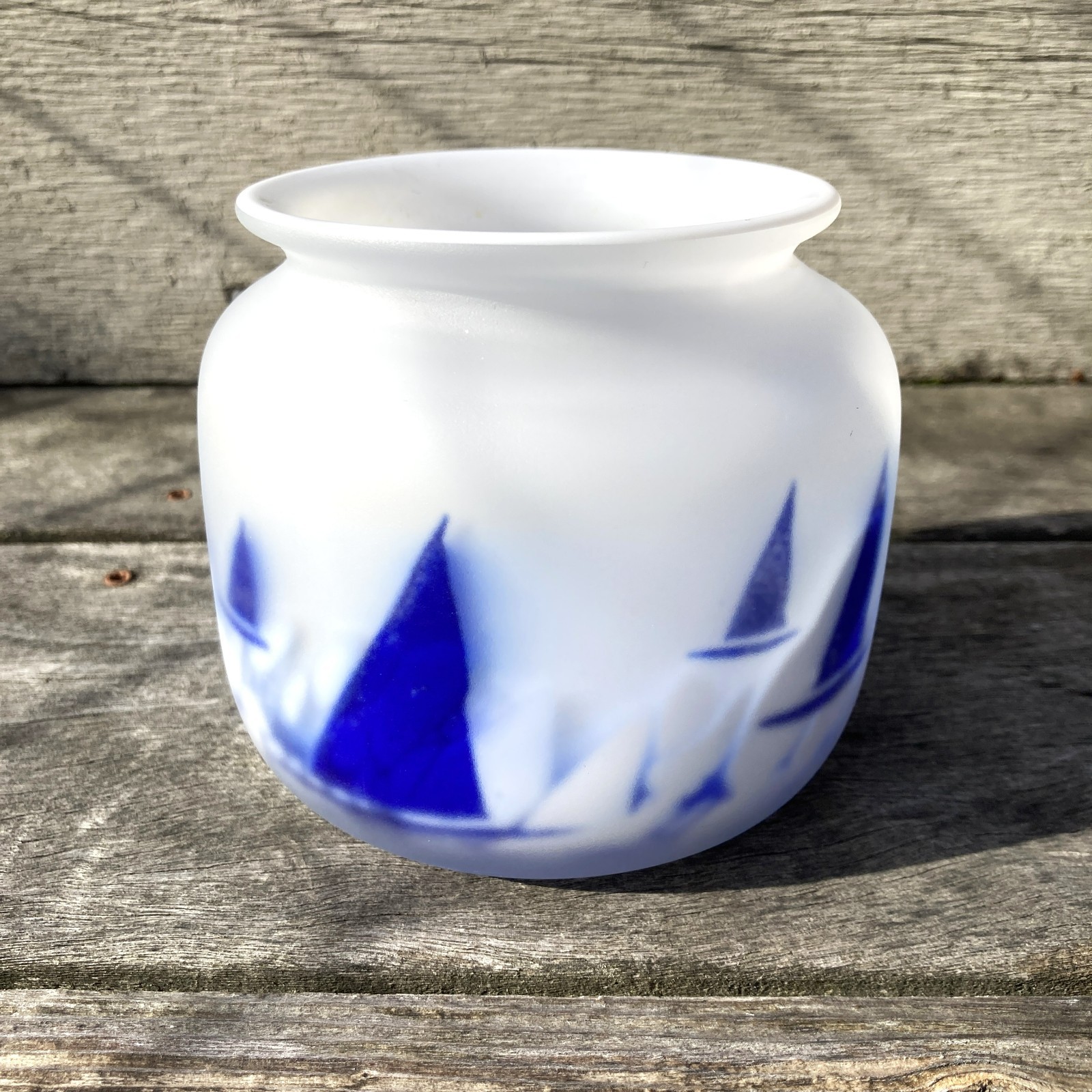 Hadeland Glassverk Frosted Art Glass Vase Norway White Blue Sailboats Signed