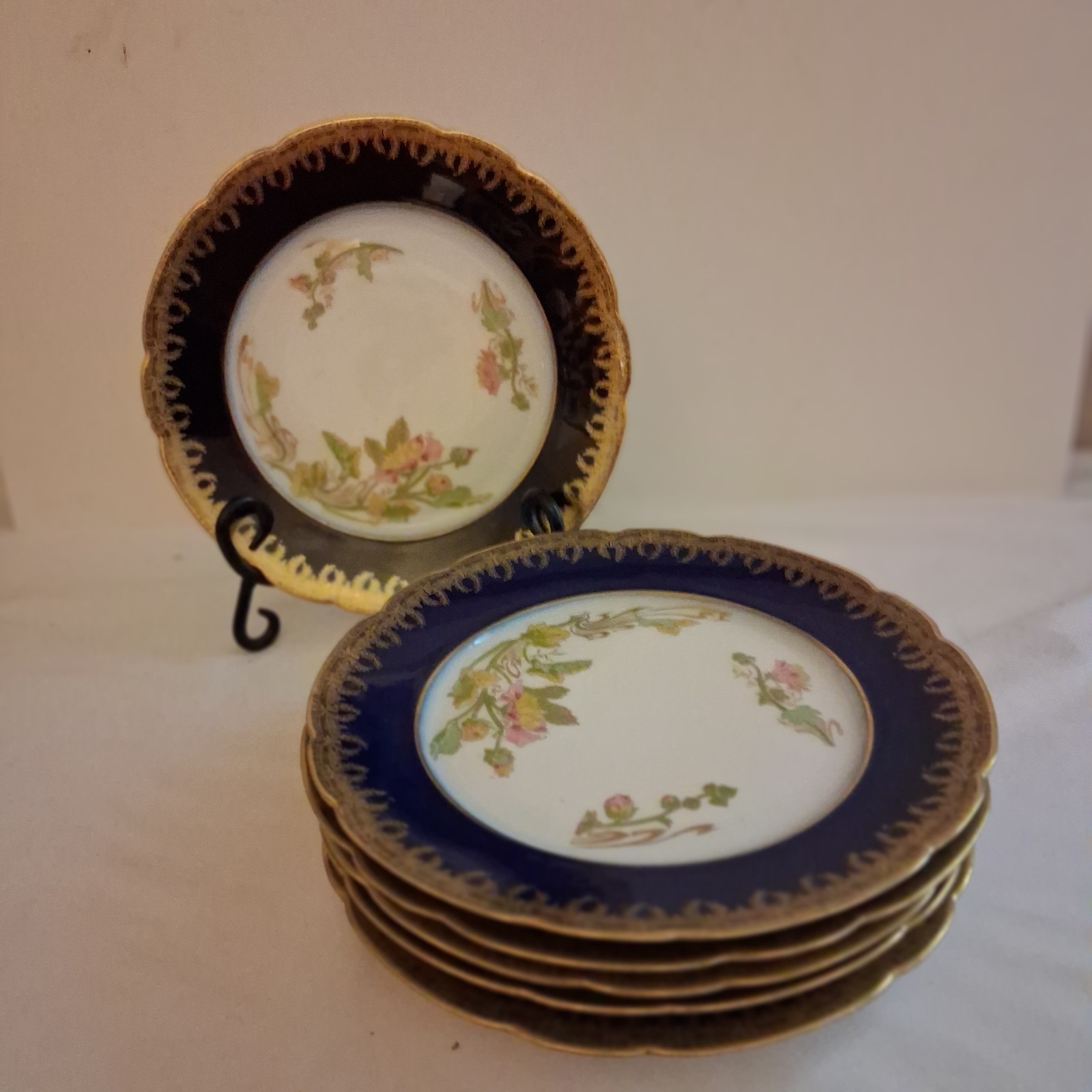 Set 6 Limoges France W. Guerin and Co Plates Cobalt Dish 22k Gold 8.25″ China