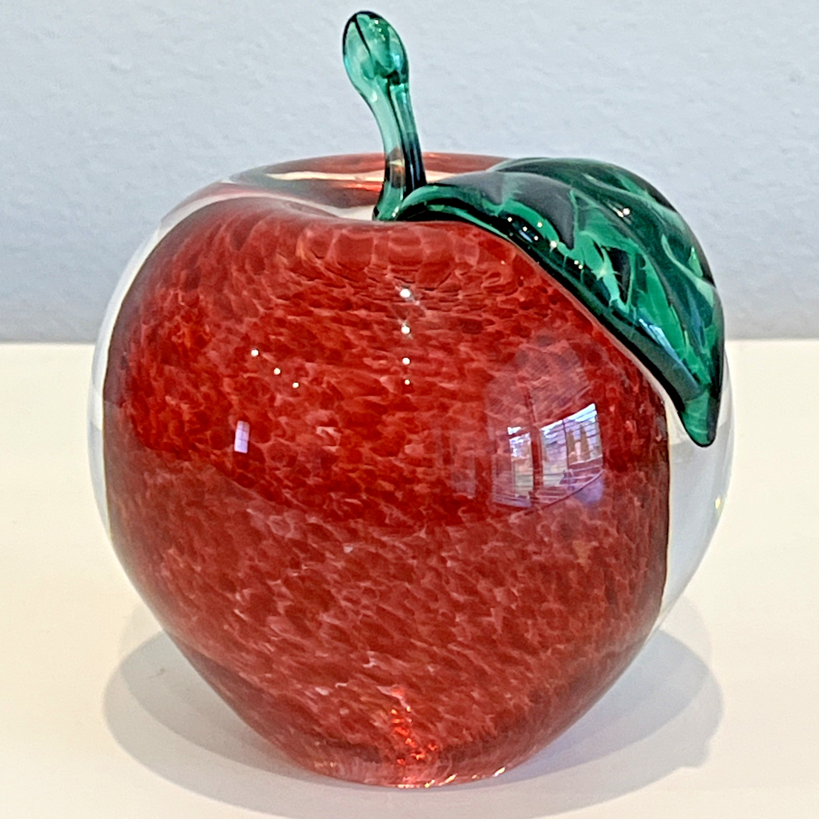 Red Art Glass Apple Paperweight with Green Leaf and Stem 4.5″ Tall – Heavy