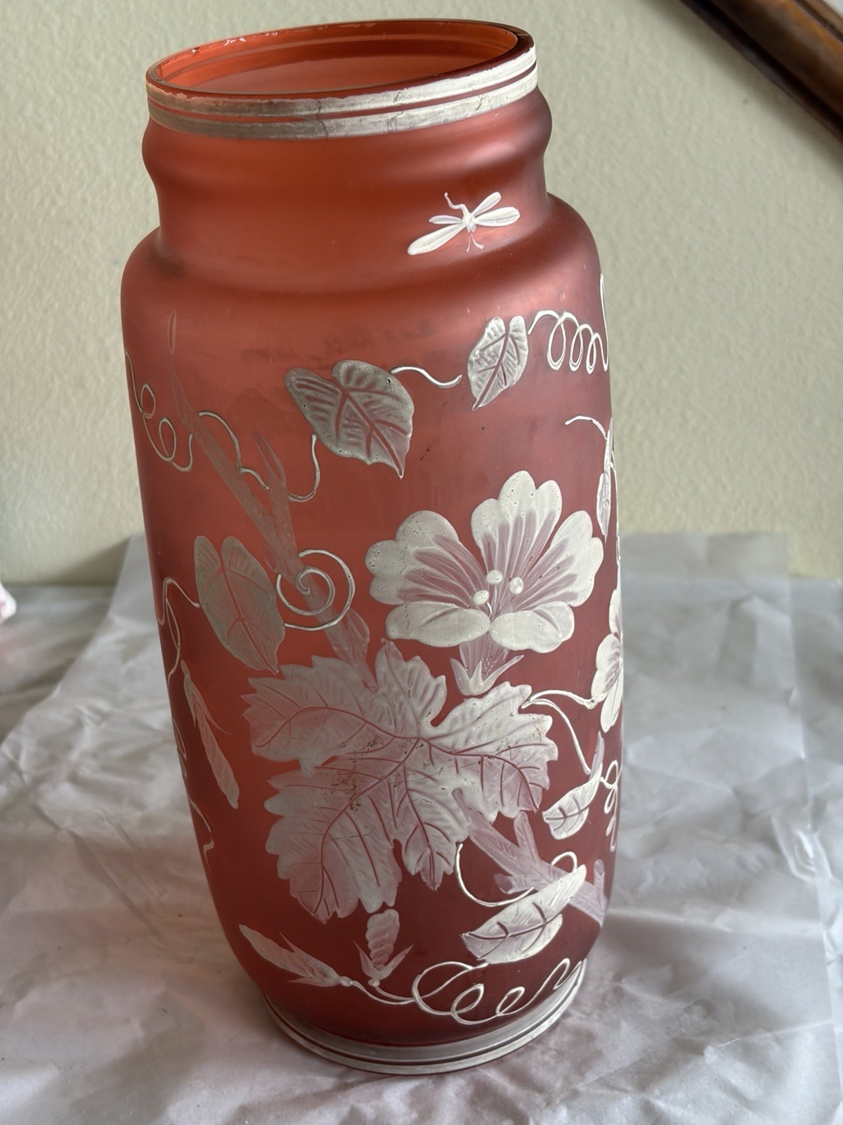 RARE ANTIQUE FLORENTINE ART CAMEO LARGE Cranberry Vase 11 ” Tall Lovely