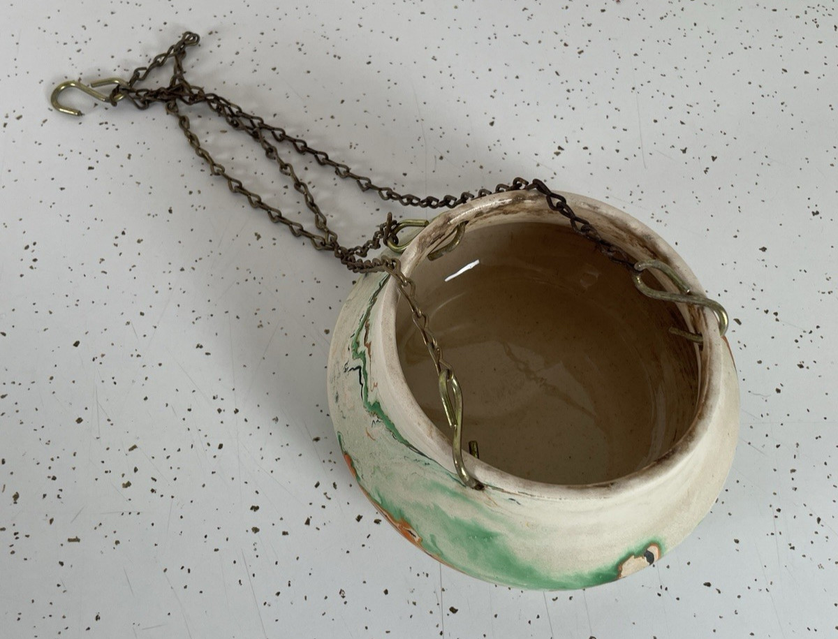 Vintage Nemadji Pottery USA Hanging Planter Pot wit Chain Swirled Orange Green