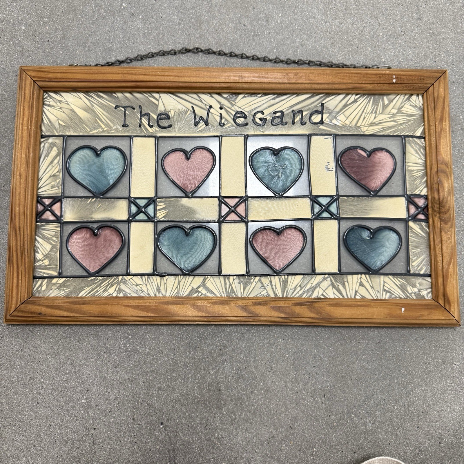 Vt Stained Glass Window Hearts Pink Blue Home Display Panel Framed “the Wiegand”