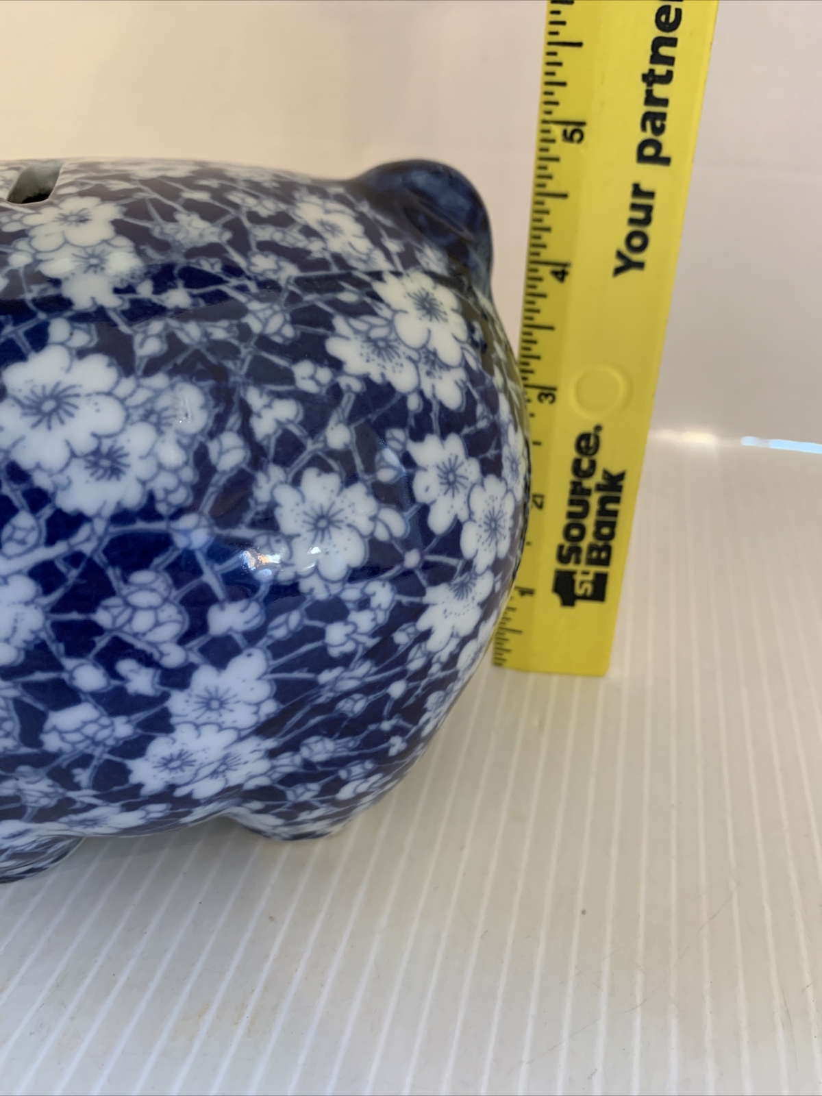 Vintage VICTORIA WARE IRONSTONE Blue White Floral Calico Pattern Piggy Bank EUC