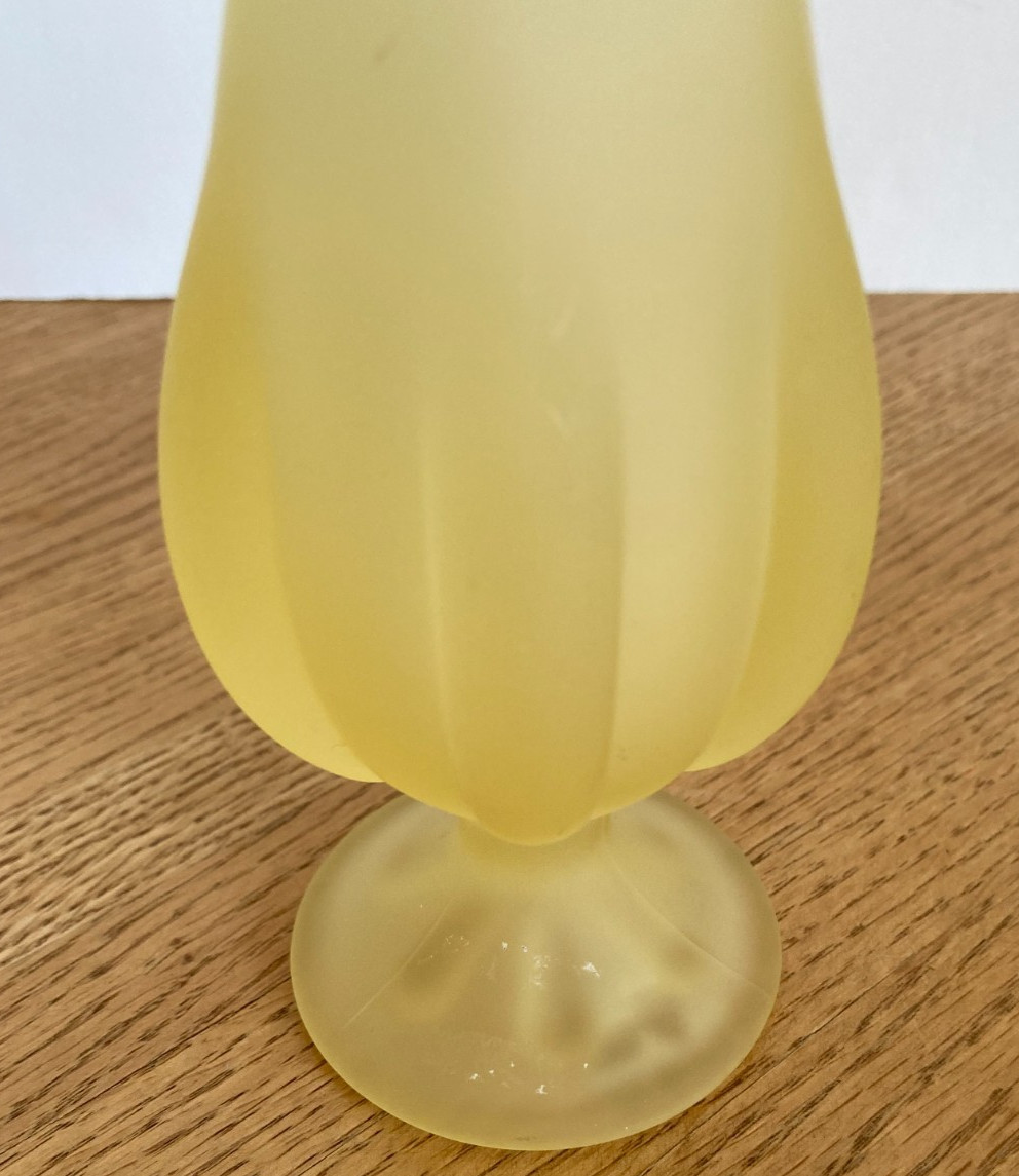 Vintage Viking Glass Yellow Satin Frost 6 Petal 12″ Footed Swung Vase w/ Label