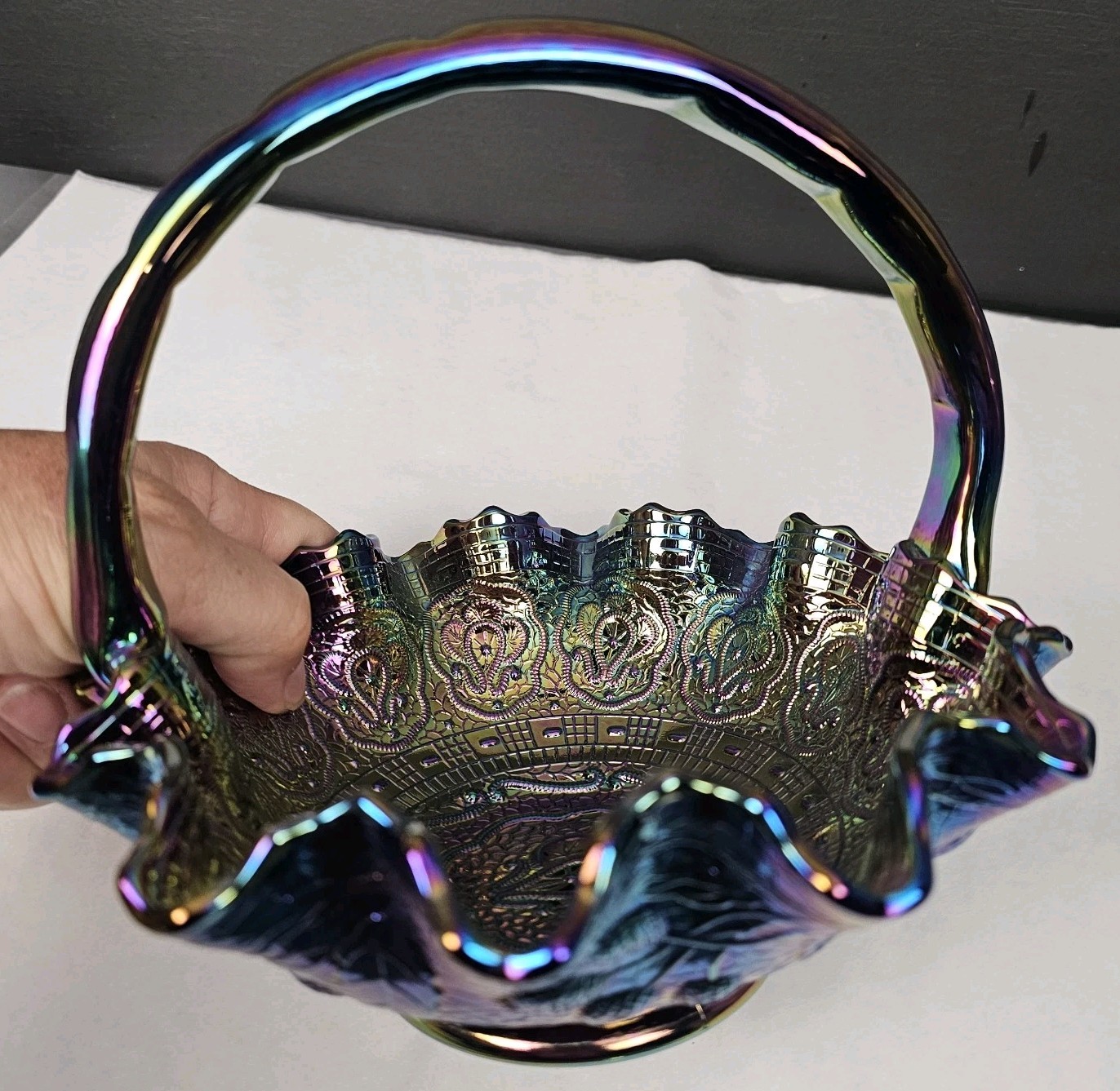 Fenton Purple Iridescent Carnival Glass Handled Round Decorative Basket