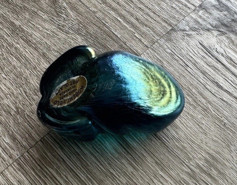 Robert Held Art Glass Iridescent Purple Blue Frog Paperweight Signed RHAG Canada