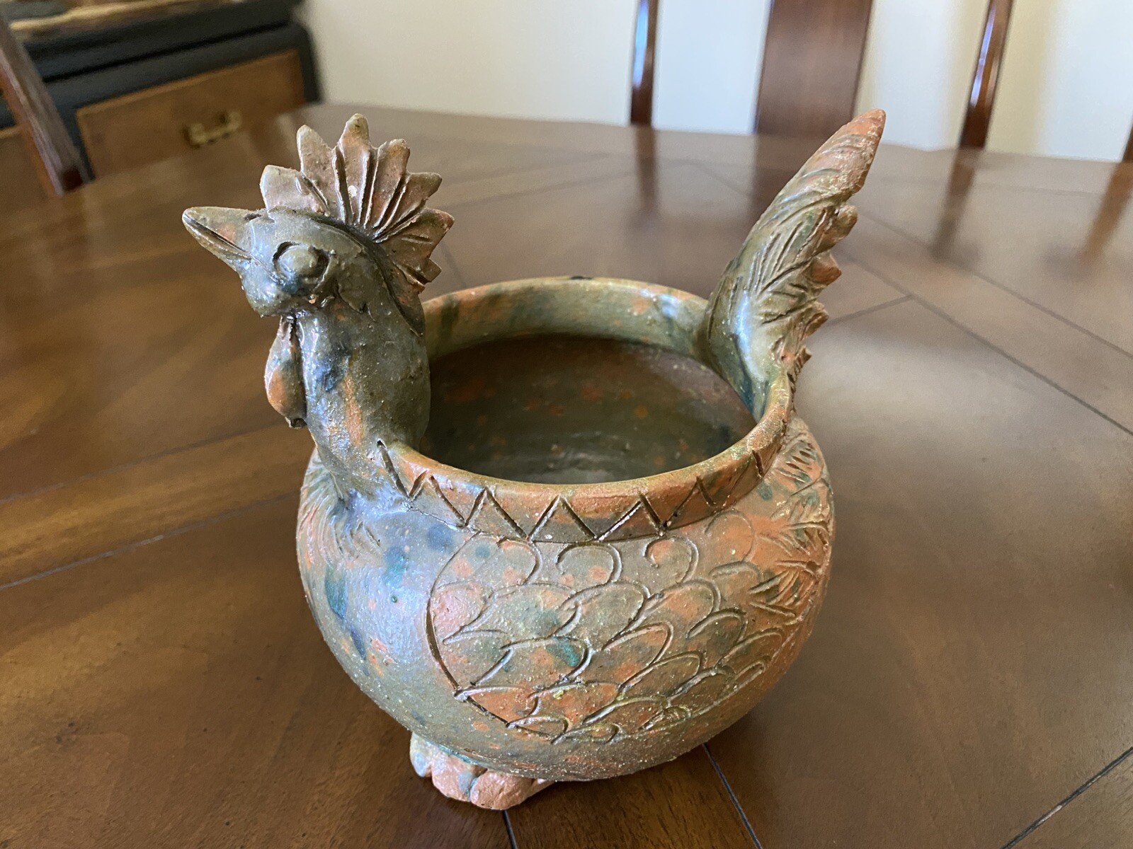IGNAZIO CASU Italy Sardinia Terracotta Clay Rooster Bowl 7” tall Signed Rare