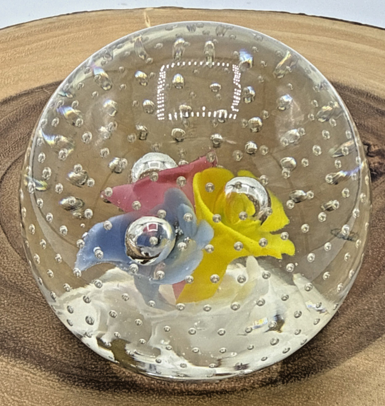 Vintage St Clair Trumpet Flowers Pink Blue Yellow Controlled Bubbles Paperweight