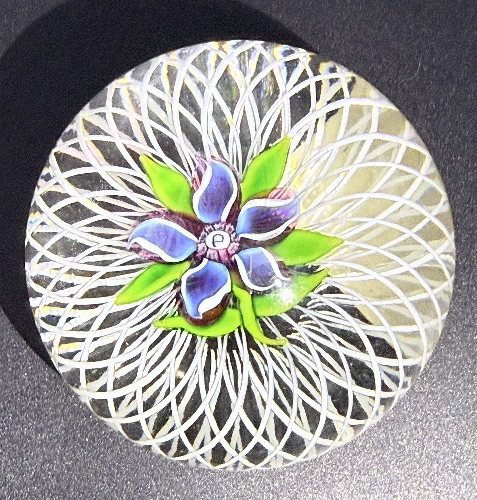 1973B LE PERTHSHIRE GLASS PAPERWEIGHT. Clematis Flower On White Latticcino