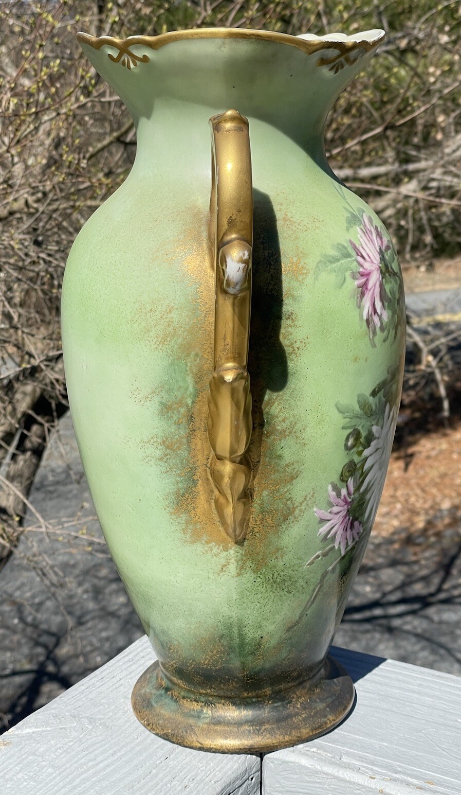 LARGE 15.5″ Antique Continental Porcelain Hand Painted Gilt Handled Vase