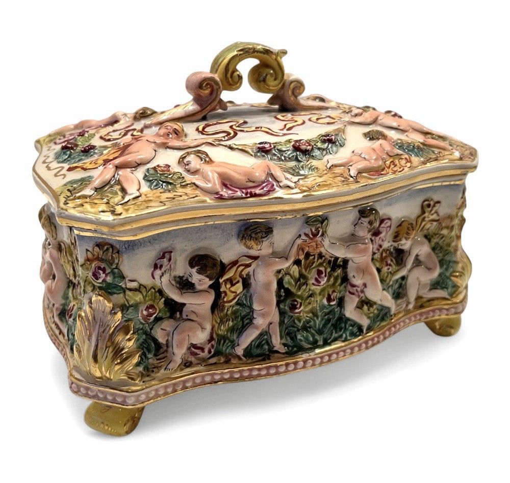 Ardalt Capodimonte Italian Porcelain Covered Box 8×6¼”, Cherubs Relief; c1950