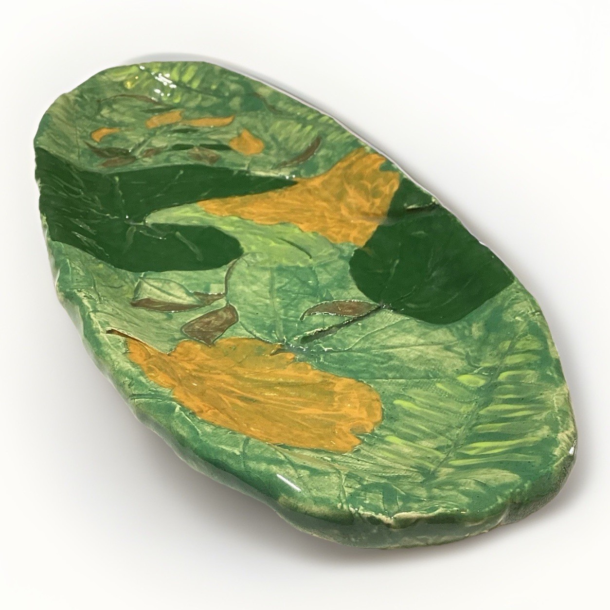 19×6.5×1″ Signed Studio Art Pottery Platter 2005 Greens Nature Leaves Low Relief