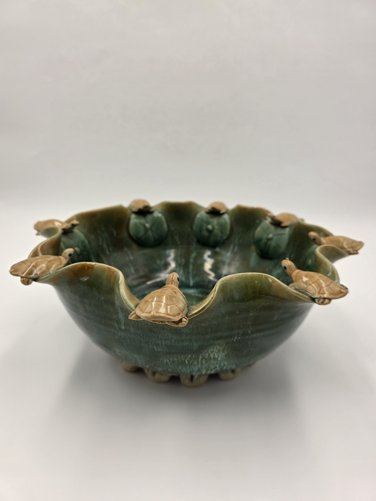 Large Majolica Fortune 13” Planter Bowl 8 Turtles on Lily Pads Galaxy Background