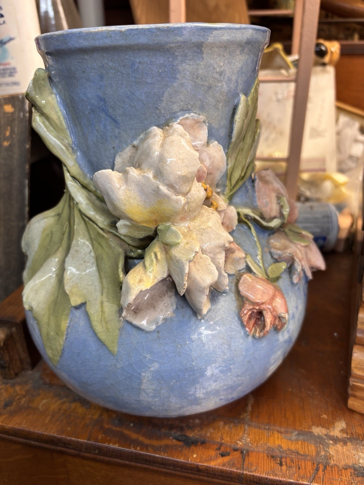 Antique Barbotine Majolica French Floral Vase