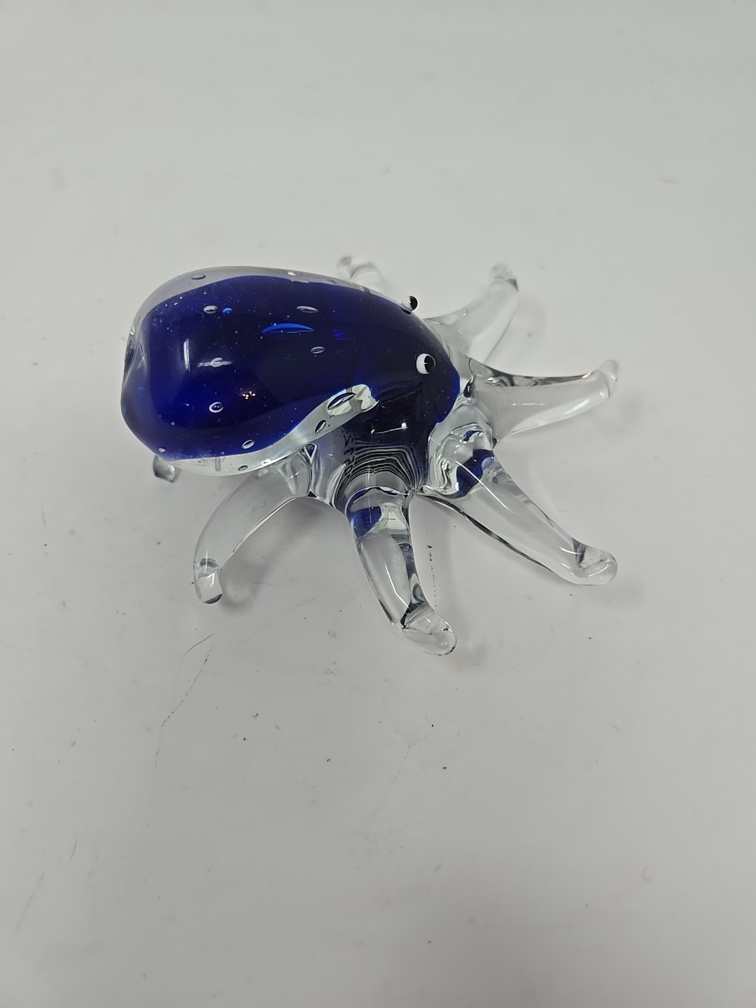 Hand Blown 8-Legged Blue Art Glass Octopus Sommerso Style With Bubbles 4″
