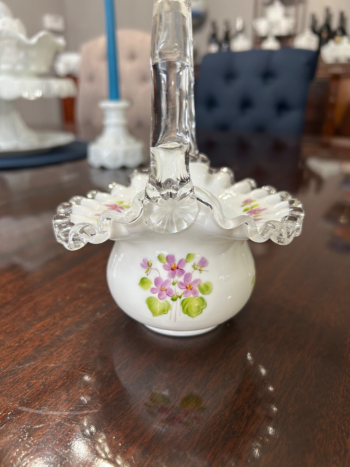 Vintage Fenton Silver Crest Glass Basket Violets in The Snow 8″ w Handle
