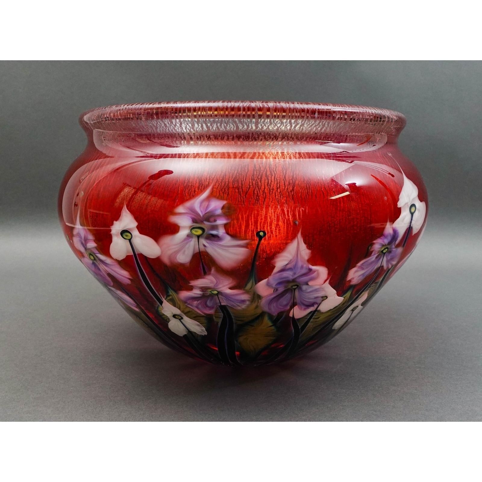 John Lotton Signed 2001 Monumental Magnum Floral Art Glass Centerpiece Bowl Vase