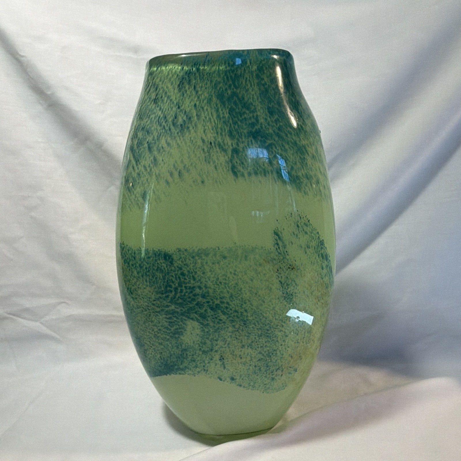 Unmarked Art Glass Vase Green Blue Abstract Pattern Glossy Decorative