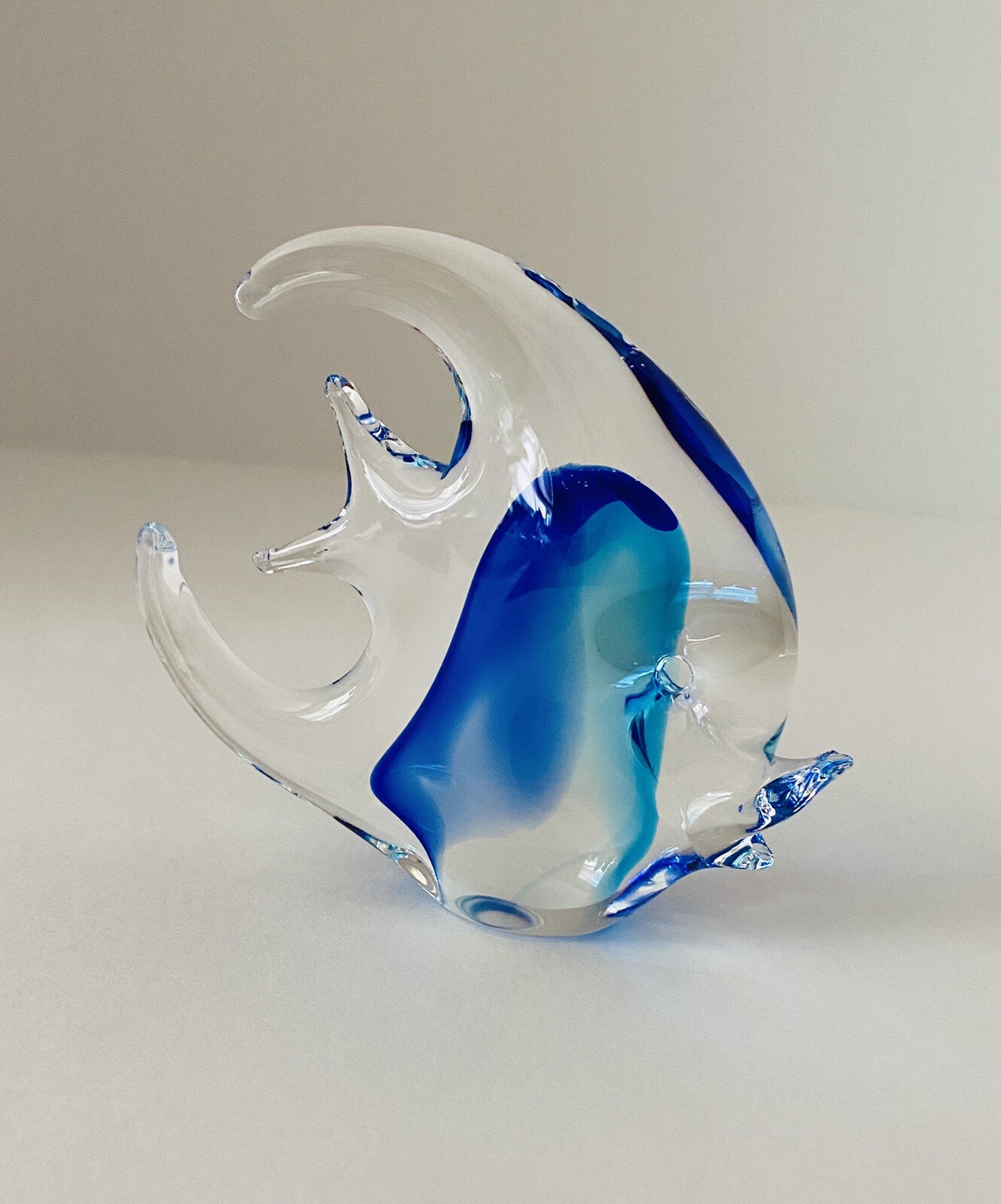 Murano Handcraft Blown Art Glass Figurine Blue Clear Angel Fish, See Listing