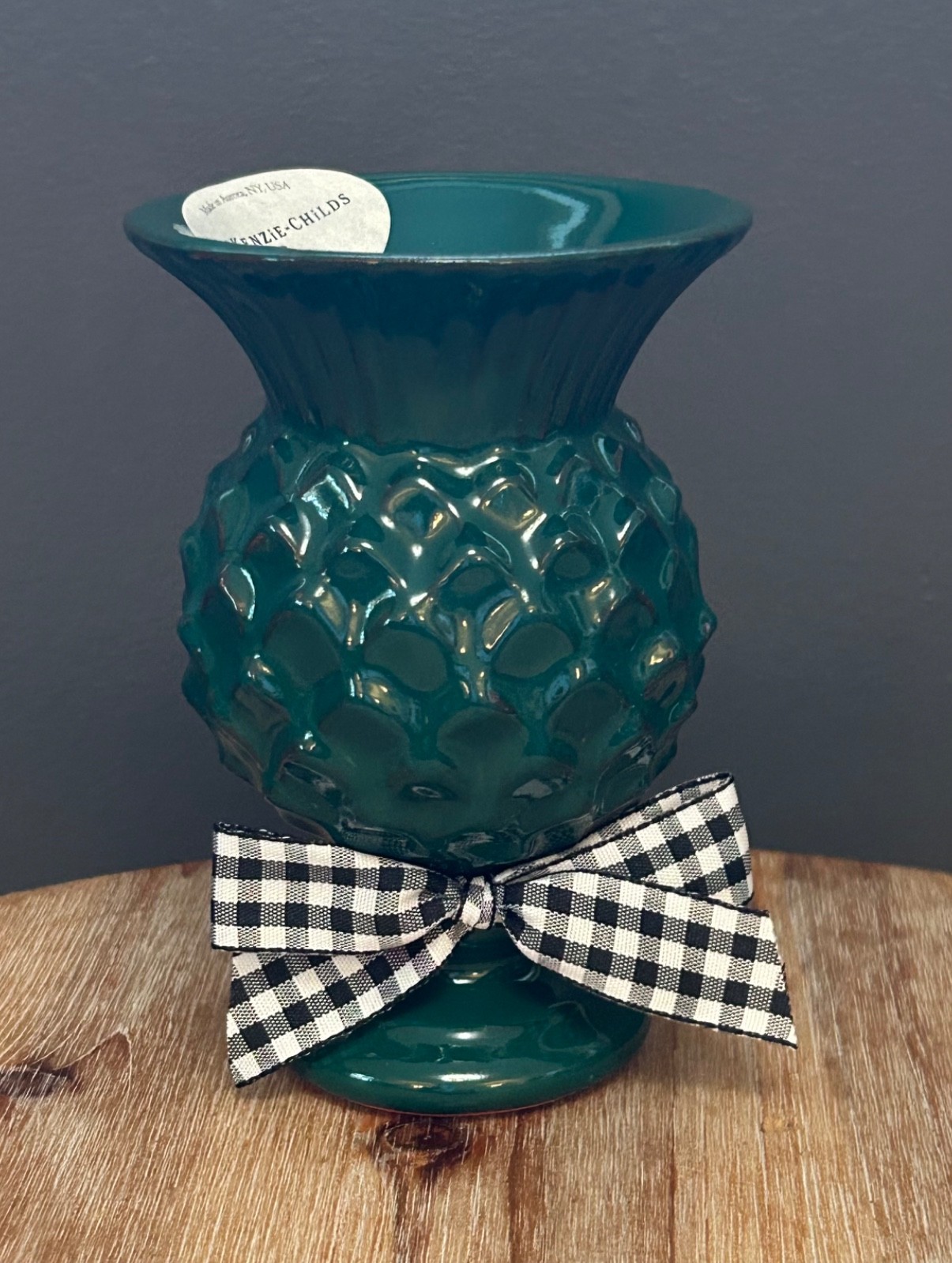 MacKenzie-Childs Ceramic Mini Thistle Vase Gingham Bow – Jade Green -Brand New!