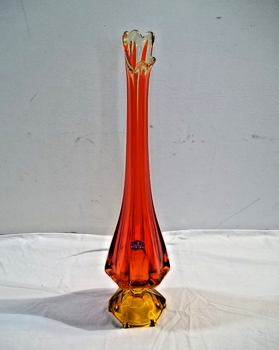 Mid Century VIKING 18” Swung Glass Vase Red Orange
