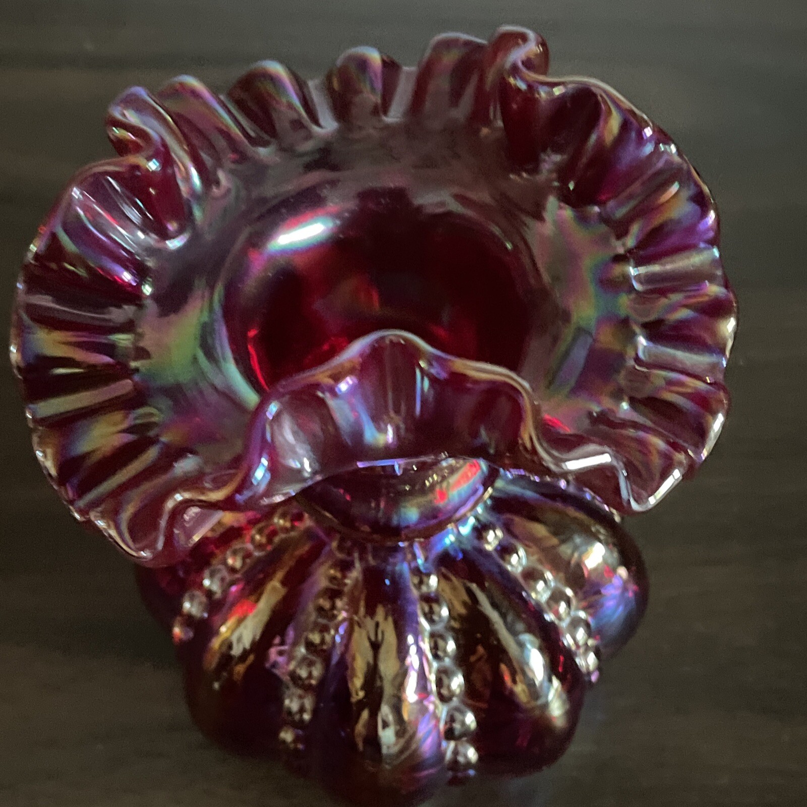 Vintage Fenton Red Carnival Glass Beaded Melon Vase 6″